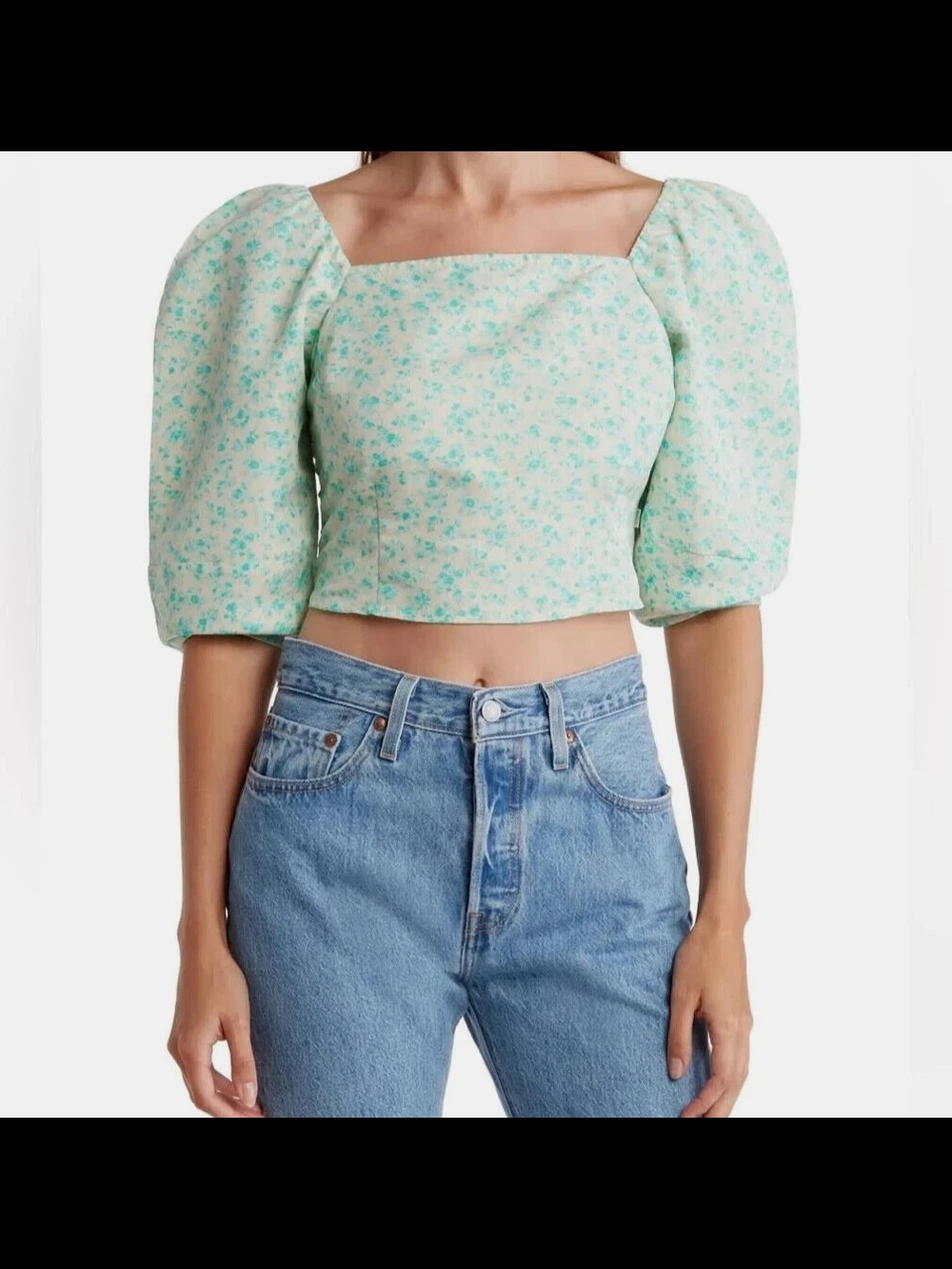 NWT Levi's Women's Yvie Puff 3/4 Sleeve Cropped Blouse Electric Green Floral M
